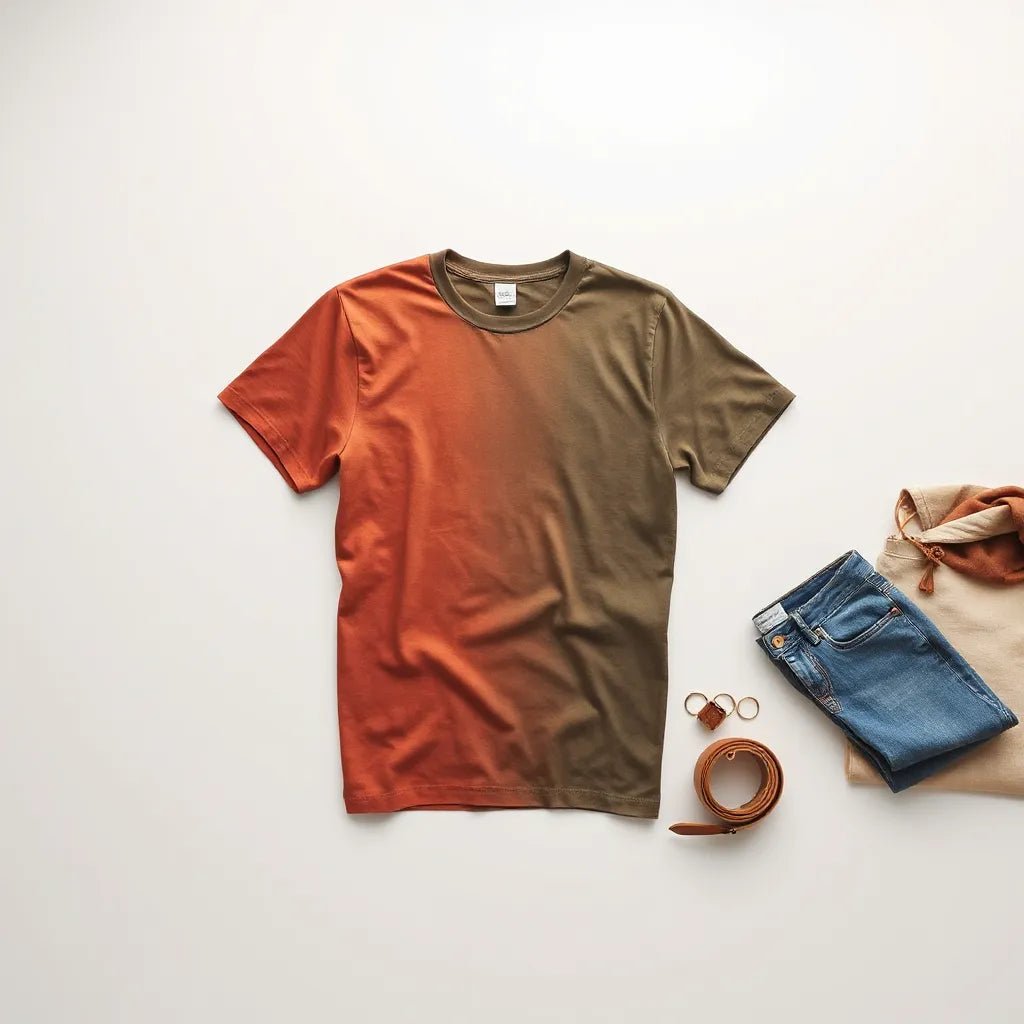 Muted, faded vintage color t-shirt styled with folded denim and minimal accessories on a neutral background