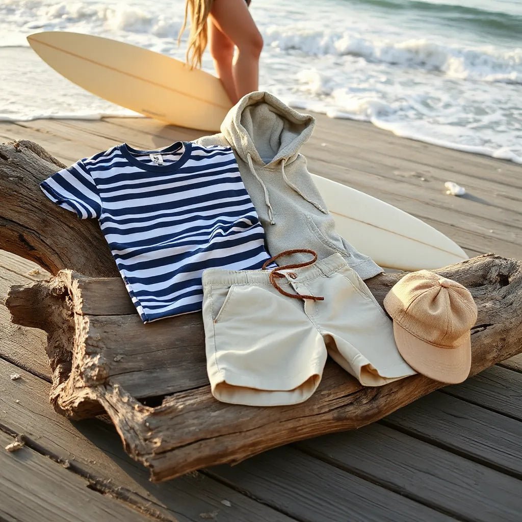 Neatly arranged vintage surf clothing with a striped tee, hoodie, and shorts beside a surfboard backdrop