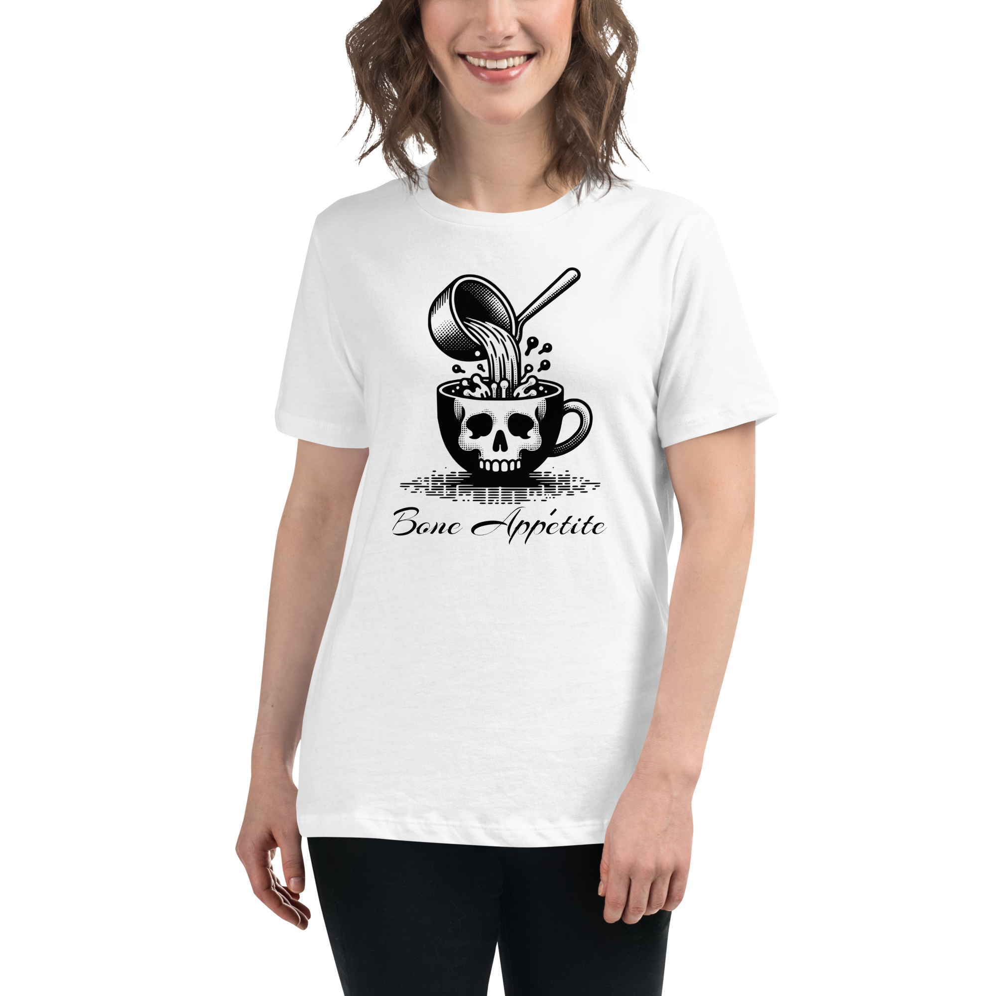 Womens short sleeve white t-shirt with skull bon appetite graphic on front