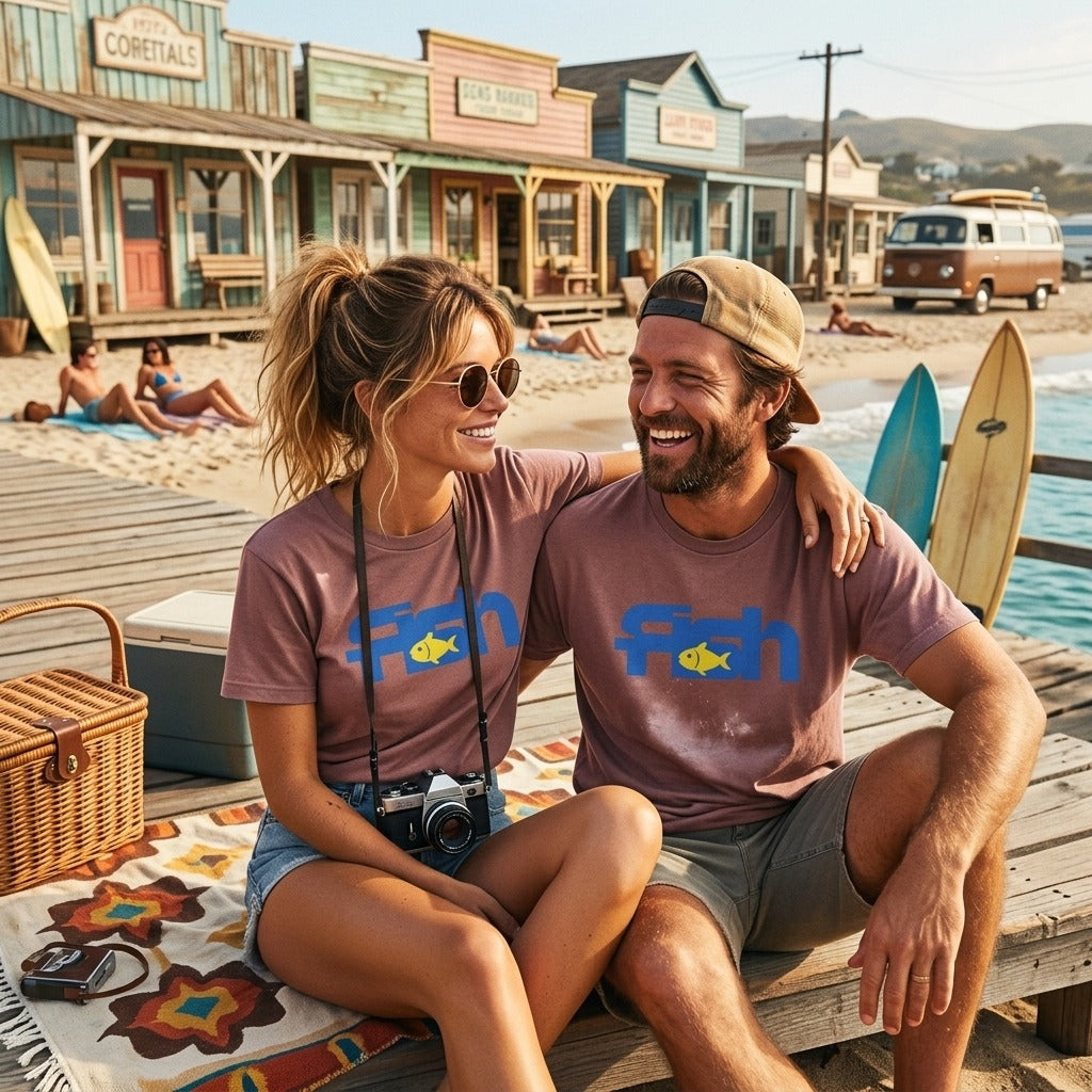male and female wearing red t-shirts with a blue fish wording written 