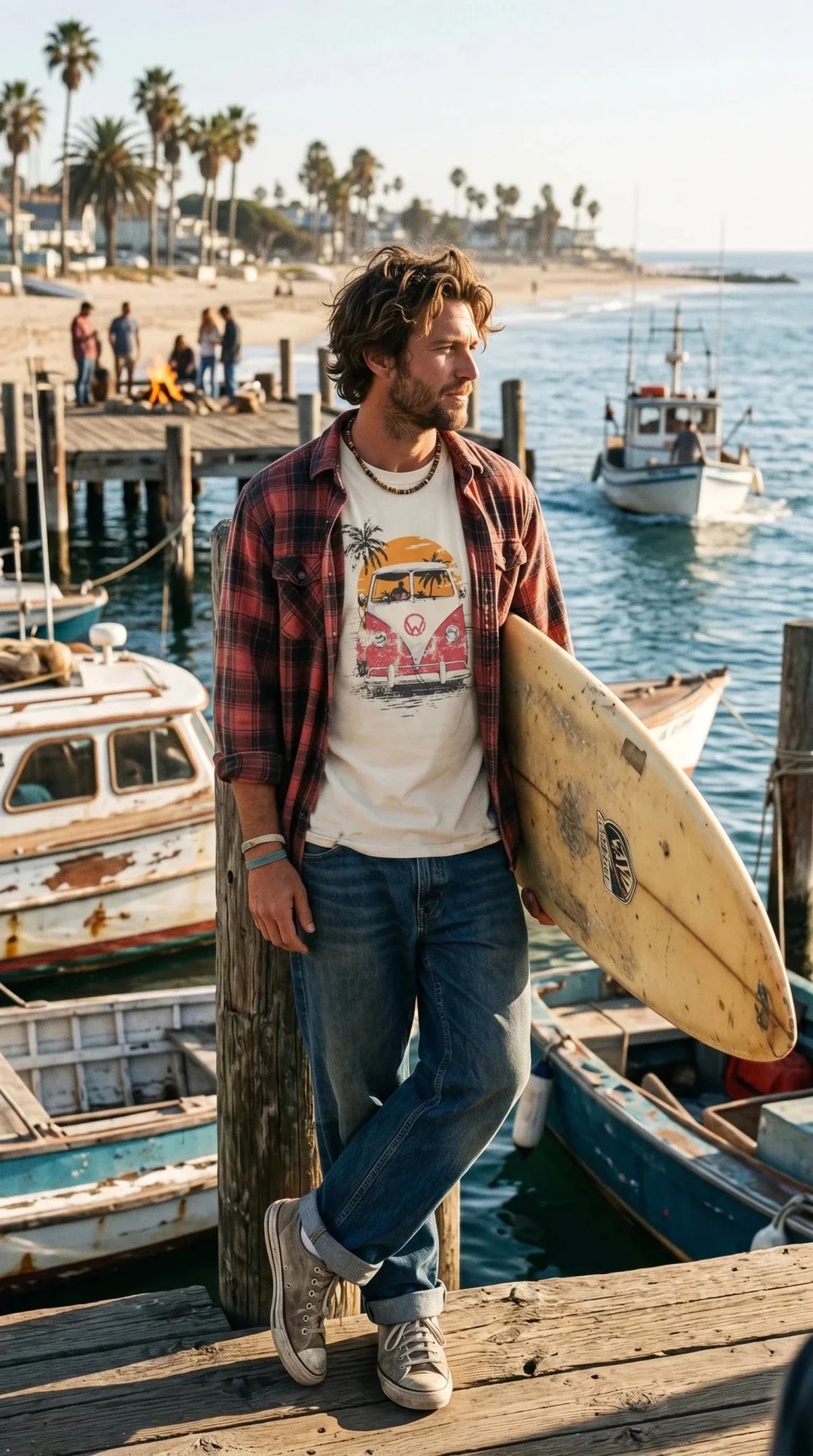 male surfer wearing a white t-shirt with van logo on the front