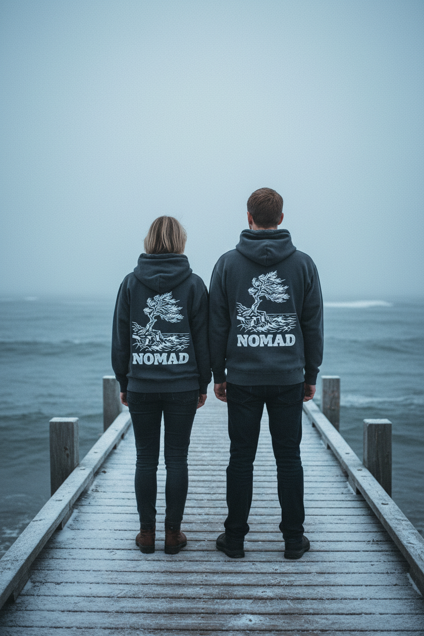 Two Black Garment-Dyed Hoodies with white nomad written on the backs
