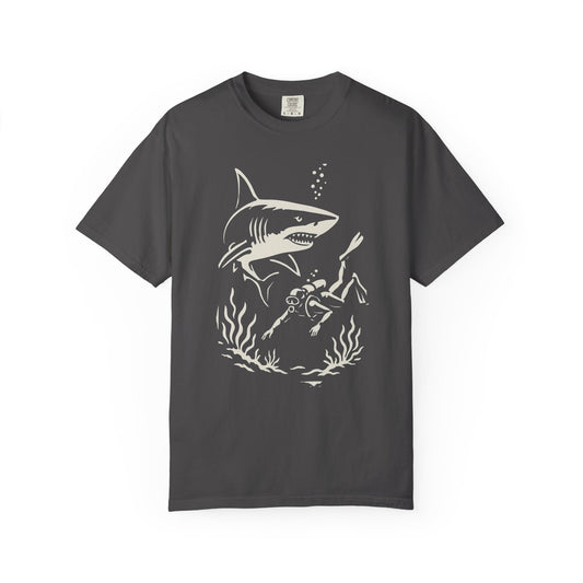 Shark Diver Garment-Dyed Graphic Tee, Ocean Lover Shirt, Beachwear for Him, Gift for Divers, Summer T-shirt, Adventure Apparel