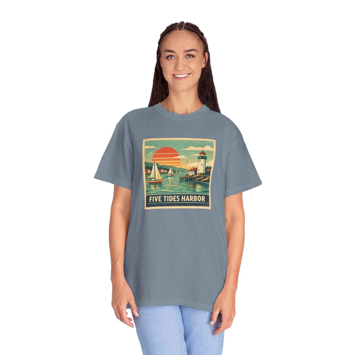 Five Tides Harbor Vintage Sailboat Graphic T-Shirt, Summer Fashion Travel Unisex Tee