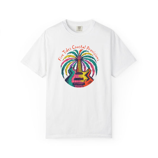 Guitar Palm Tree Graphic Art T‑Shirt - Five Tides Coastal Provisions Beach Vibe Cotton Tee