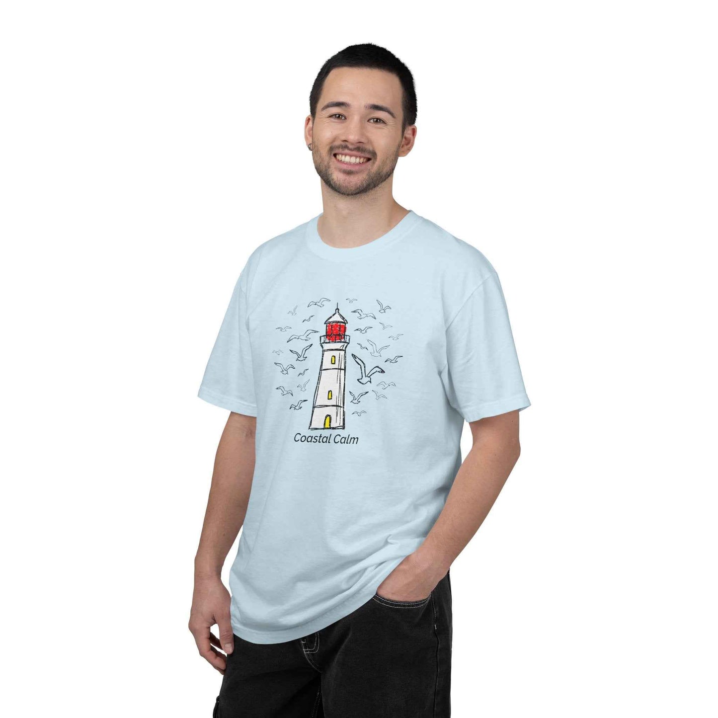 Coastal Calm Seabirds Lighthouse T‑Shirt, Beach Summer Stye Cotton Tee