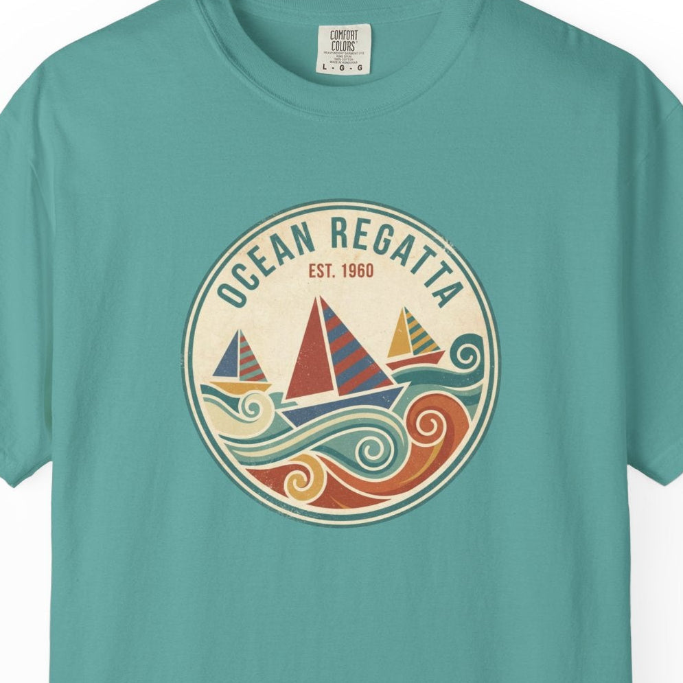 Teal t-shirt with 'Ocean Regatta' logo on a white background