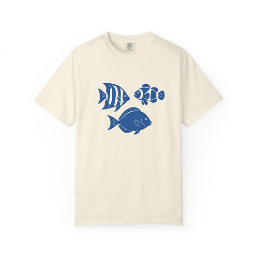 Ocean-Inspired Garment-Dyed T-Shirt, Unisex Beach Tee, Summer Style, Fish Graphic Shirt, Casual Wear