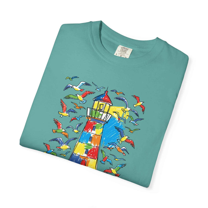 Coastal Calm Summer Lighthouse T-Shirt — Beachy Seagull Graphic Cotton Tee