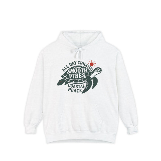 Coastal Vibes Hoodie, Unisex Garment-Dyed Hoodie, Beach Hoodie, Chill Vibes Sweatshirt, Turtle Design Hoodie, Summer Style Pullover