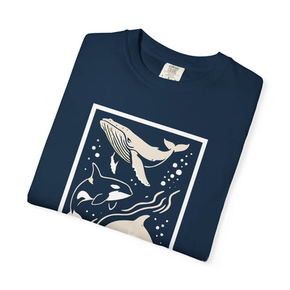 Ocean Life Garment-Dyed T-Shirt | Whale & Dolphin Design | Casual Beachwear, Gift for Ocean Lovers, Summer Outfit, Marine Life Tee