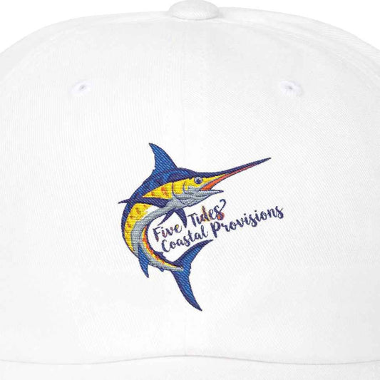 White cap with a blue marlin logo on a white background