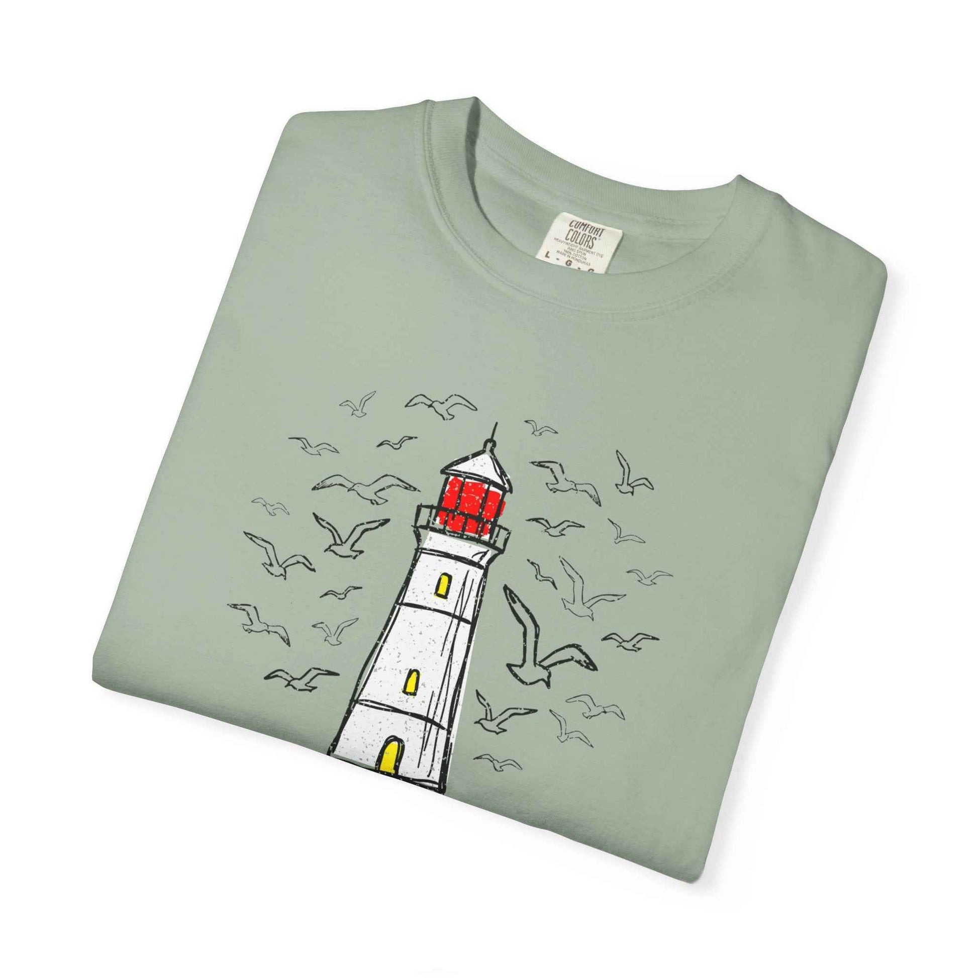 Coastal Calm Seabirds Lighthouse T‑Shirt, Beach Summer Stye Cotton Tee