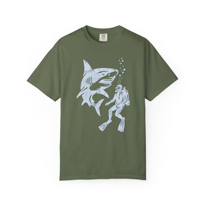 Shark Dive Unisex Garment-Dyed T-Shirt, Ocean Lover Gift, Adventure Enthusiast Shirt, Unique T-Shirt for Beach Days, Fun Diving Gift