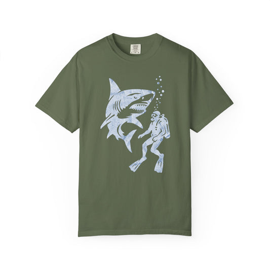 Shark Dive Unisex Garment-Dyed T-Shirt, Ocean Lover Gift, Adventure Enthusiast Shirt, Unique T-Shirt for Beach Days, Fun Diving Gift