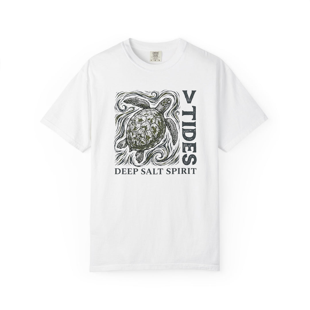 White t-shirt with turtle graphic and text on a white background
