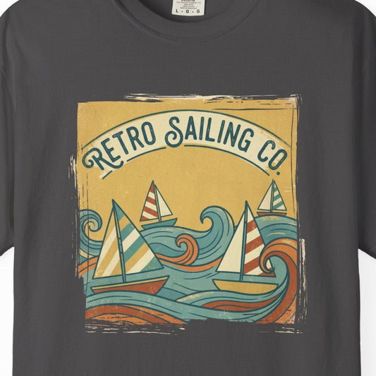 Gray t-shirt with 'Retro Sailing Co' graphic design on a white background