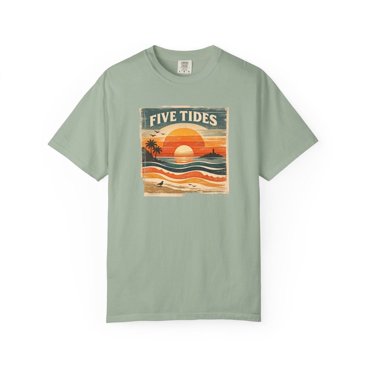 Five Tides Sunset Beach T-Shirt - Vintage Tidal Surf Graphic Tee