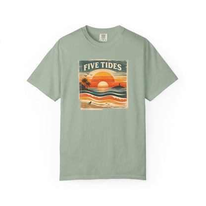 Five Tides Sunset Beach T-Shirt - Vintage Tidal Surf Graphic Tee