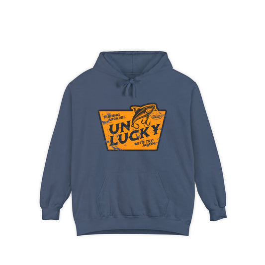 Unlucky Fishing Unisex Garment-Dyed Hoodie - Lucky Charm Design, Cozy Casualwear, Gift for Friends, Seasonal Fashion, Unique Streetwear