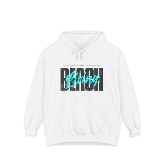Beach Living Retro Vibes Unisex Garment-Dyed Hoodie, Casual Outdoor Wear, Summer Clothing, Beach Day Essentials, Perfect for Relaxation
