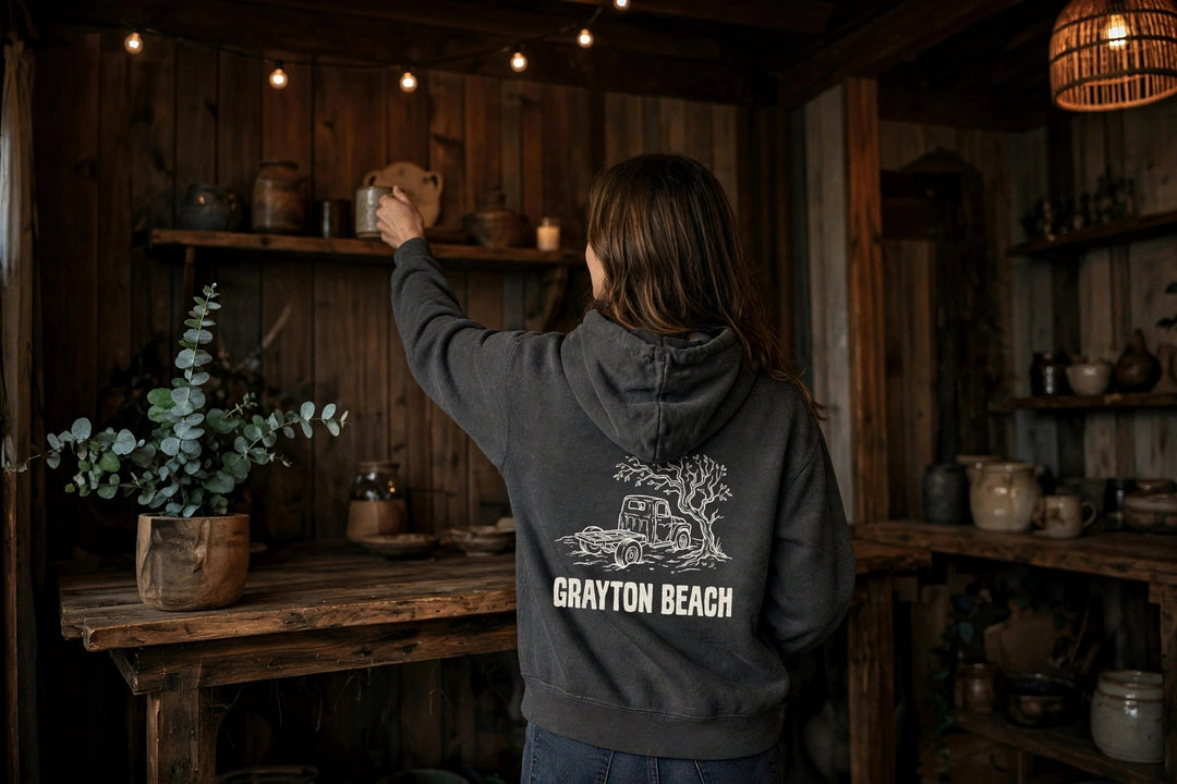 Grayton Beach Florida Hoodie — in the Five Tides room, female back