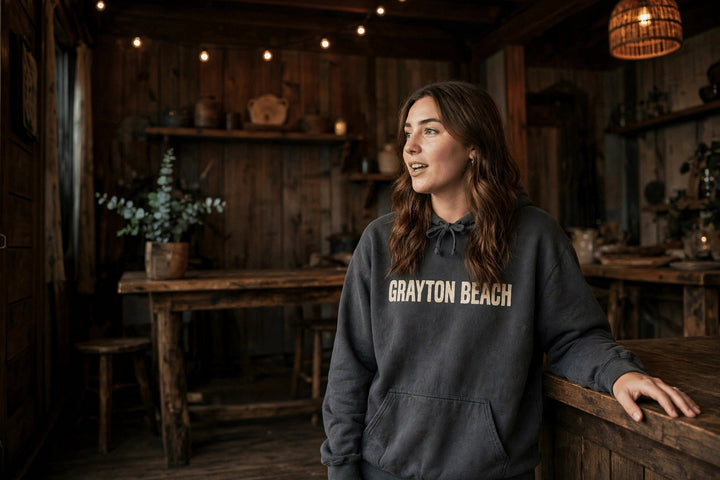 Grayton Beach Florida Hoodie — in the Five Tides room, female front