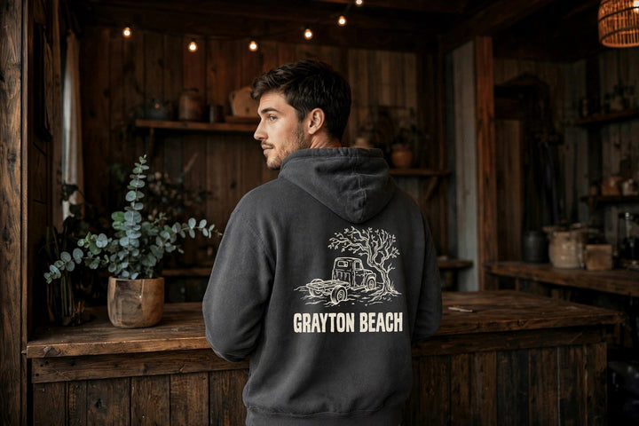 Grayton Beach Florida Hoodie — in the Five Tides room, male back