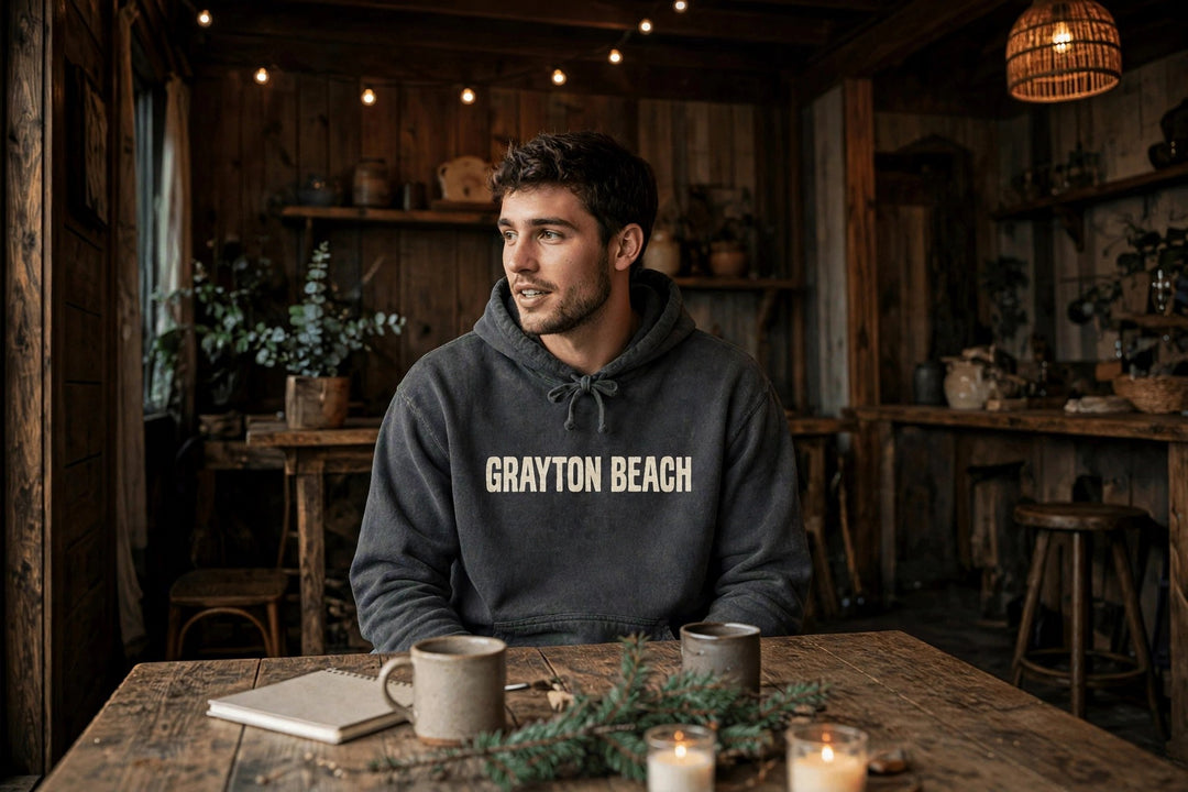 Grayton Beach Florida Hoodie — in the Five Tides room, male front