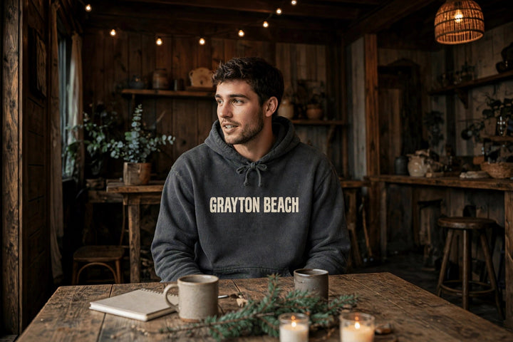 Grayton Beach Florida Hoodie — in the Five Tides room, male front