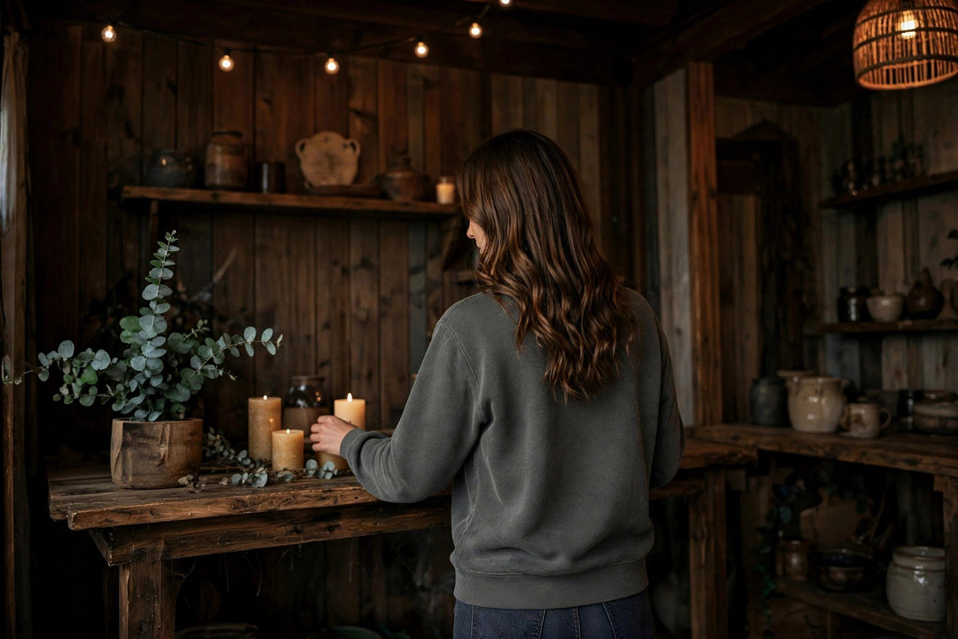 Kennebunkport Sweatshirt — in the Five Tides room, female back