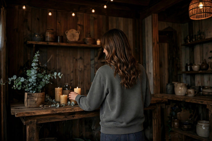 Kennebunkport Sweatshirt — in the Five Tides room, female back