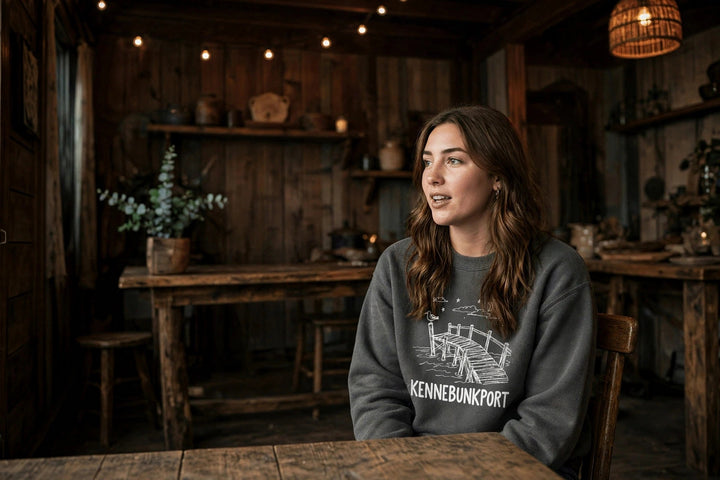 Kennebunkport Sweatshirt — in the Five Tides room, female front