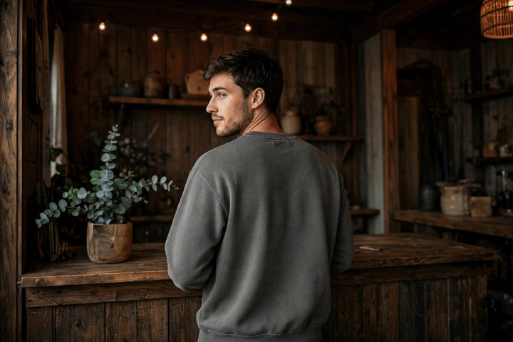 Kennebunkport Sweatshirt — in the Five Tides room, male back