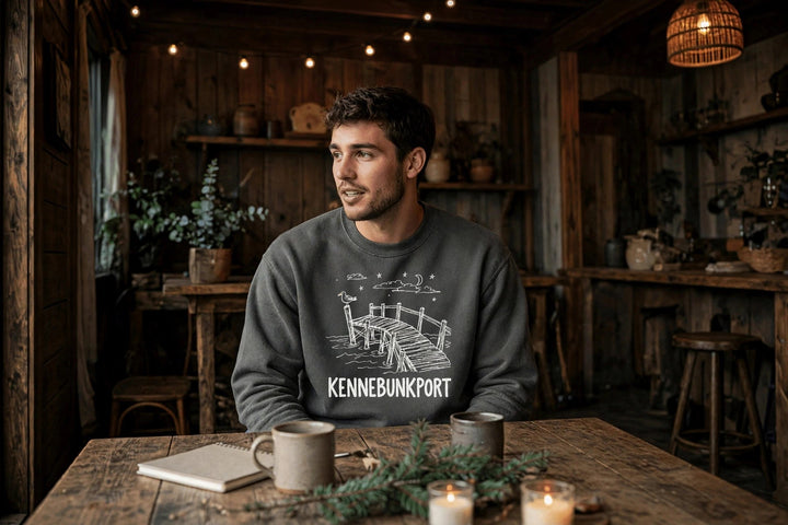 Kennebunkport Sweatshirt — in the Five Tides room, male front