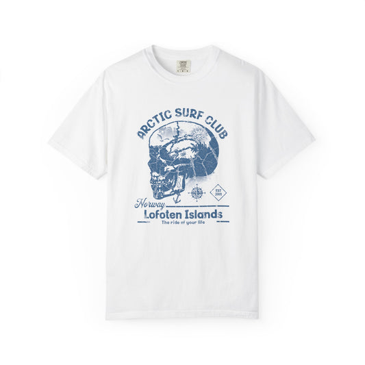 Arctic Surf Club Skull ,Unisex Garment-Dyed T-Shirt Design, Beachwear, Casual Wear, Graphic Tee, Summer Vibes, Gift for Surfers