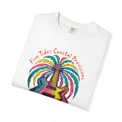 Guitar Palm Tree Graphic Art T‑Shirt - Five Tides Coastal Provisions Beach Vibe Cotton Tee