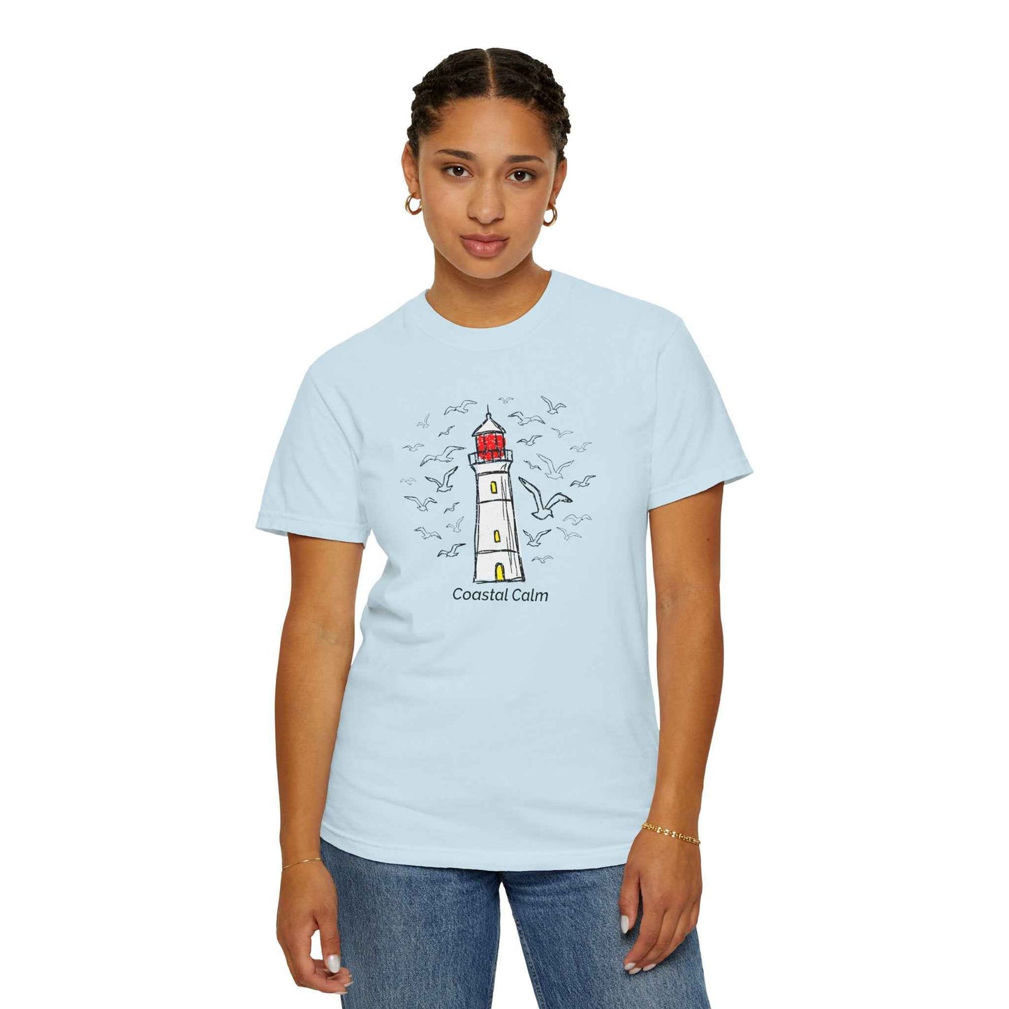 Coastal Calm Seabirds Lighthouse T‑Shirt, Beach Summer Stye Cotton Tee