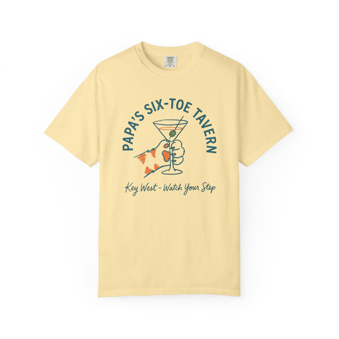 Yellow t-shirt with a graphic design and text on a white background