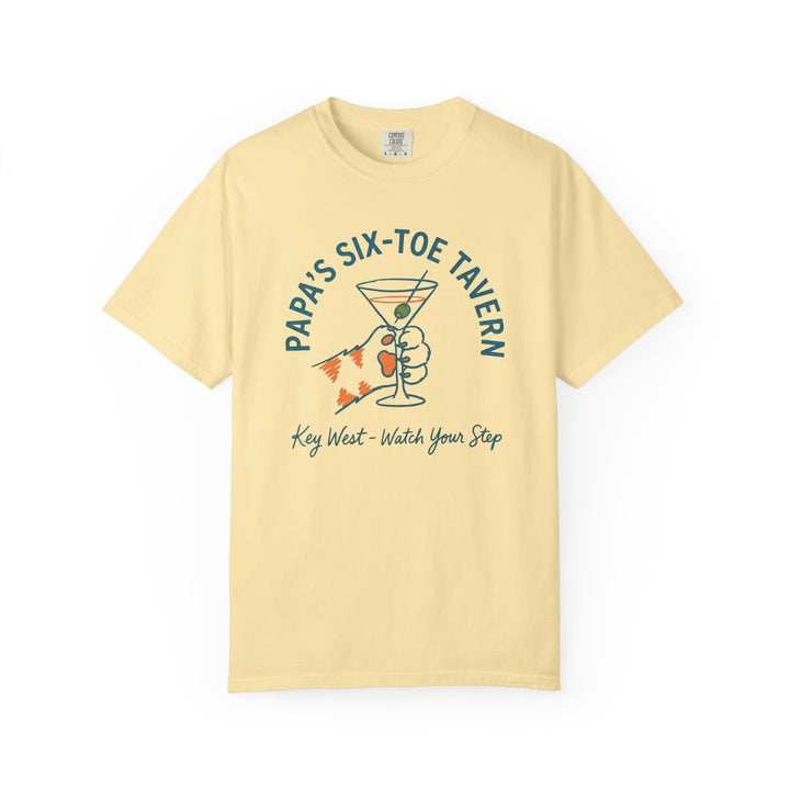 Yellow t-shirt with a graphic design and text on a white background