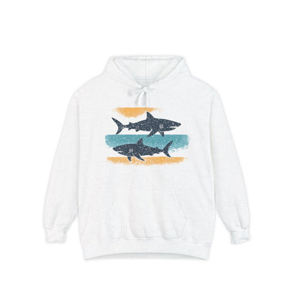 Shark Graphic Hoodie | Beach Vibe Pullover | Unisex Garment-Dyed Sweatshirt | Casual Beachwear | Perfect Gift for Ocean Lovers, Summer Style