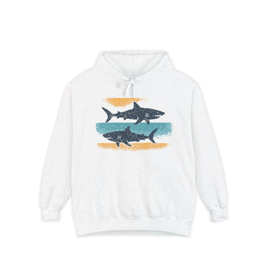 Shark Graphic Hoodie | Beach Vibe Pullover | Unisex Garment-Dyed Sweatshirt | Casual Beachwear | Perfect Gift for Ocean Lovers, Summer Style