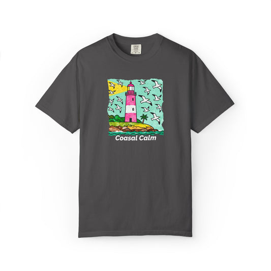 Coastal Calm Lighthouse T-Shirt — Beachy Seagulls Summer Graphic Tee