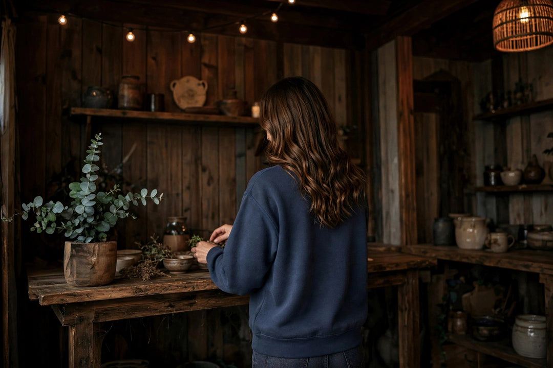 Dionis Beach Sweatshirt — in the Five Tides room, female back