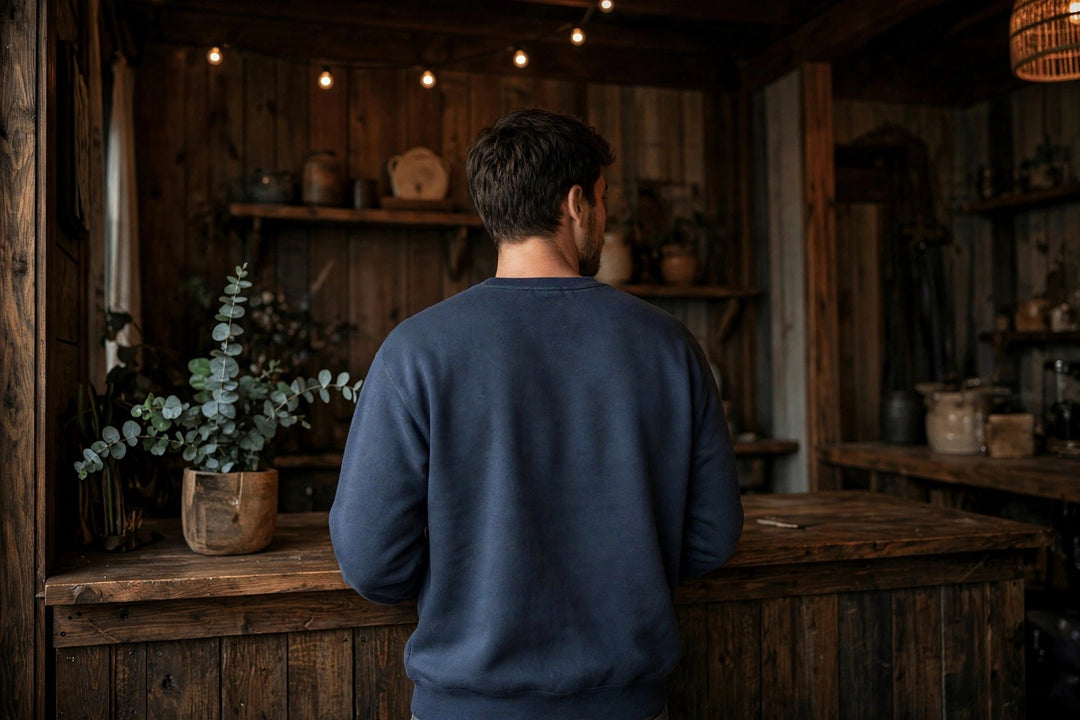 Dionis Beach Sweatshirt — in the Five Tides room, male back