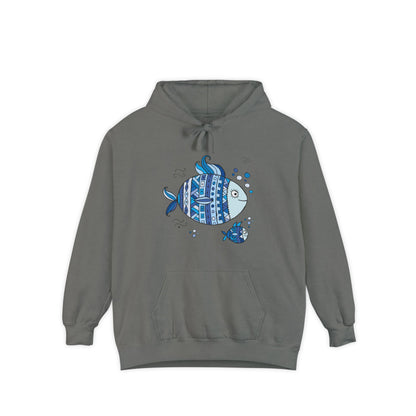 Two Fish Graphic Garment-Dyed Hoodie | Casual Wear, Gift Idea for Animal Lovers, Perfect for Beach Days, Summer Adventures, Relaxed Fit