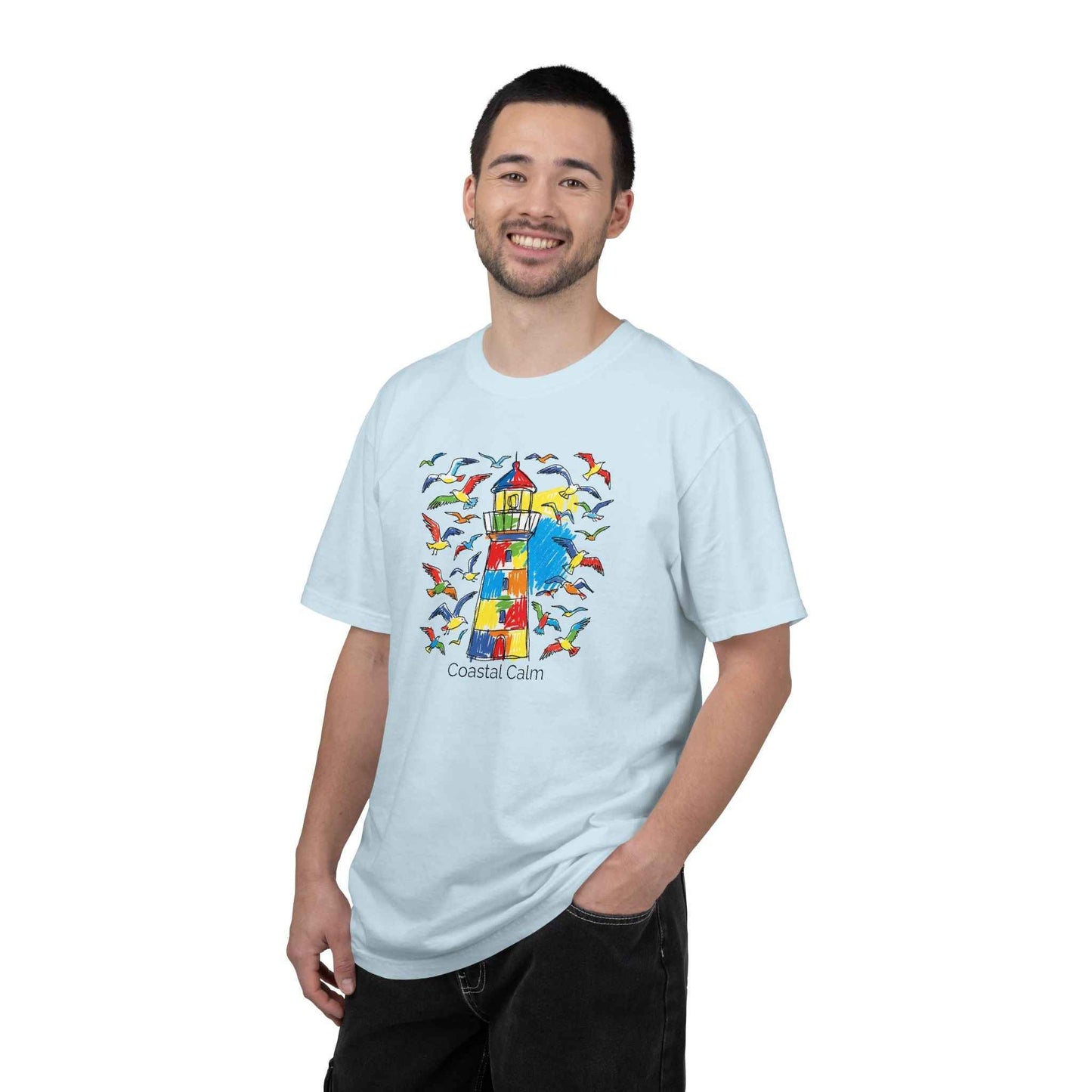 Coastal Calm Summer Lighthouse T-Shirt — Beachy Seagull Graphic Cotton Tee