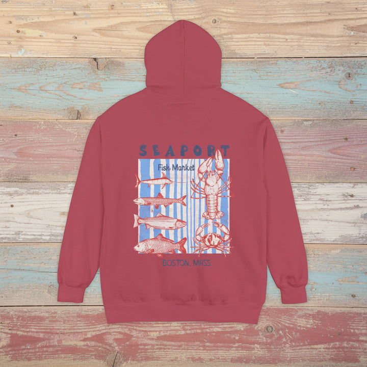 Red hoodie with a graphic of a lobster and fish on the back, on a white background