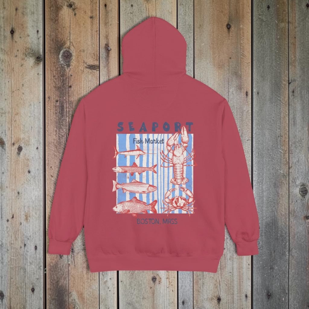 Red hoodie with a graphic of a lobster and fish on the back, on a white background