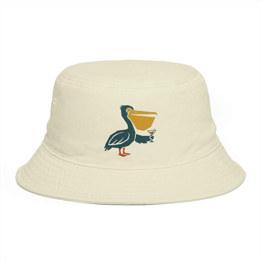 Pelican Cocktail Bucket Hat — Tropical Beach Sun Hat with Cartoon Pelican and Drink